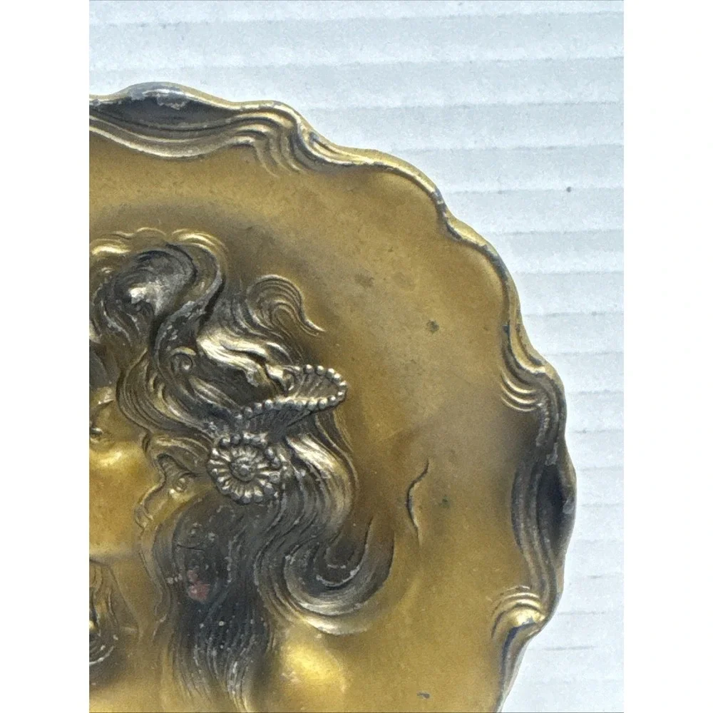 Vintage Art Nouveau Female Portrait Metal Trinket Jewelry Bronze Dish Tray 5